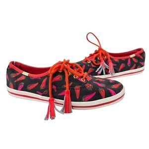 Kate‎ Spade Keds Chili Pepper Sneakers Black Red Tassel Canvas Sample Shoes 7